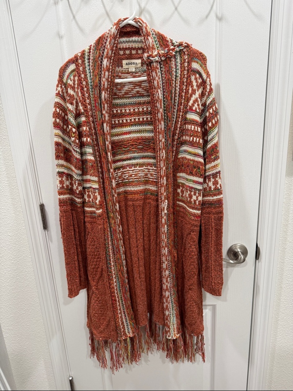 ADORA Burnt Orange Multi-Color Patterned Open Cardigan with Fringe